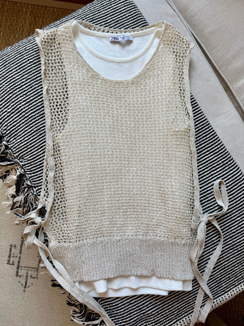Zara Cream Open-Knit Side-Tie Sweater Top